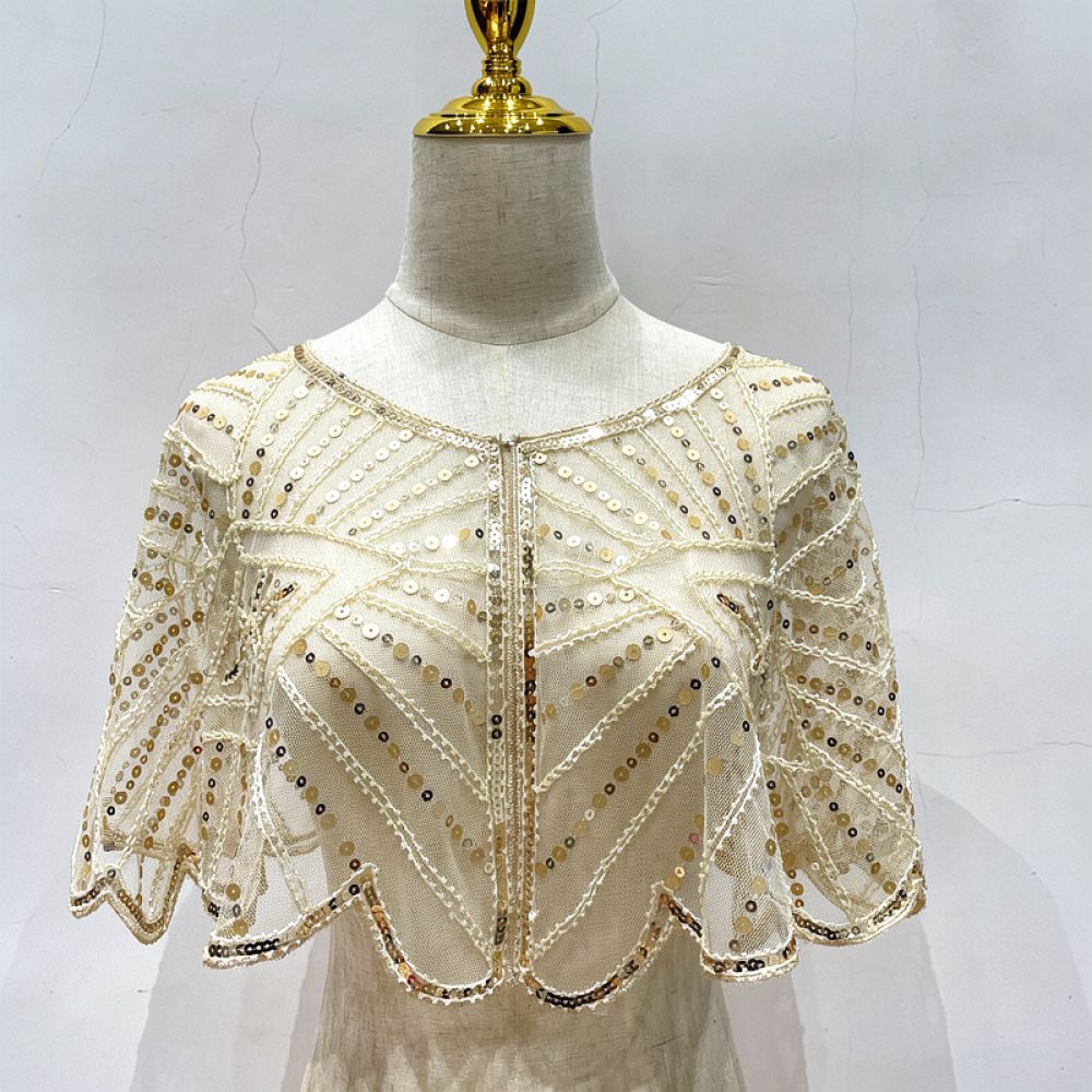 Stole Wedding Shawl - フォーマルな夜会にふさわしい、スパンコールがあしらわれたショール。フック付きで、エレガントなメッシュ素材のケープとして、パーティーや結婚式に最適。輝きを添えるボレロ風の装飾的なストール。